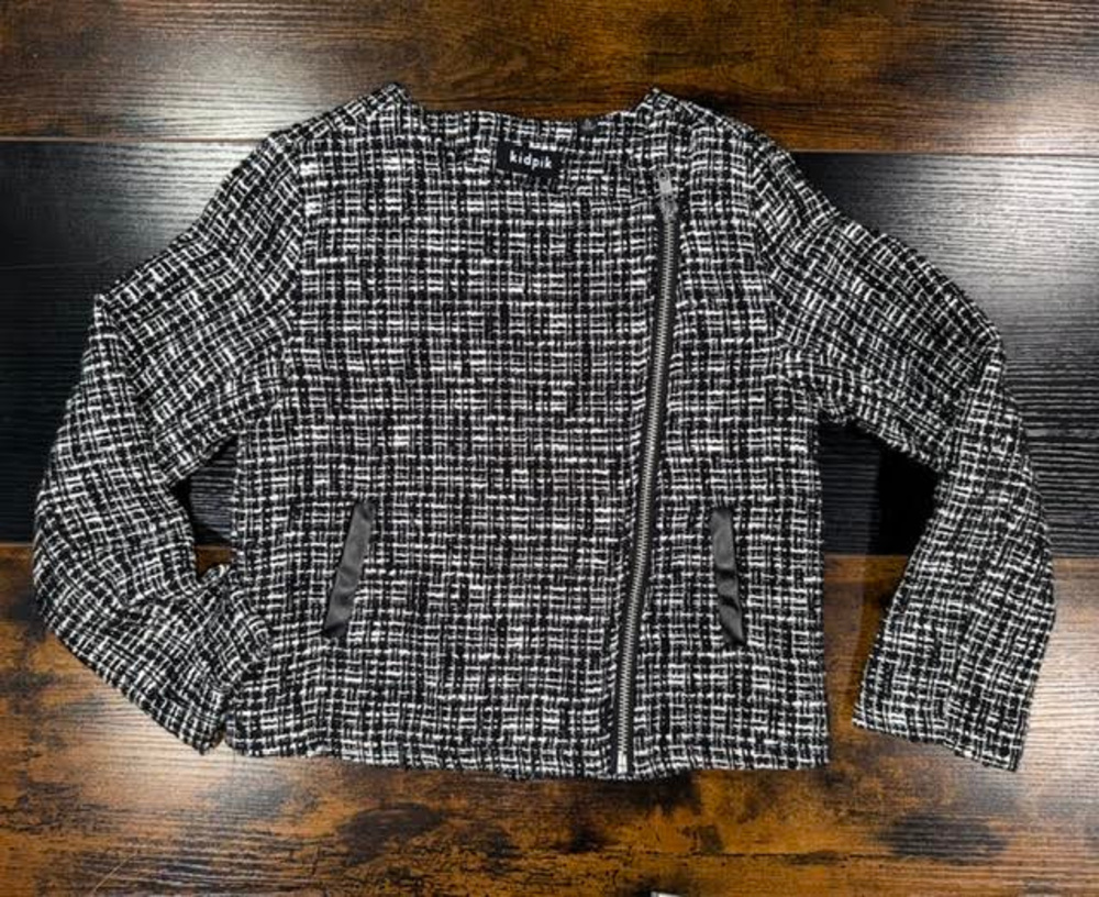 Kidpik Tweed Zip Front Jacket Black White Girls Size 7/8